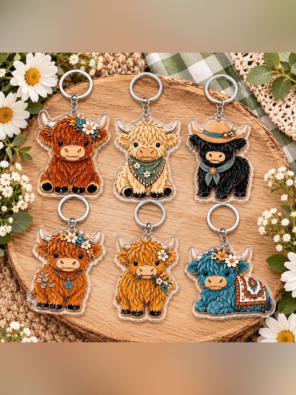 🐮 Set of 6 Highland Cow Acrylic Keychains – Farmhouse Western Cow Lover Gift